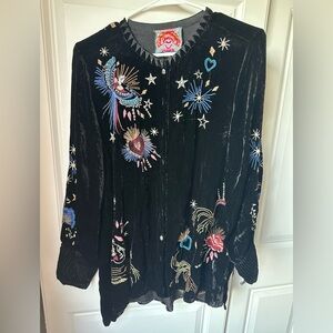 Johnny Was Black Velvet Embroidered Blouse